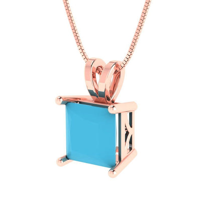 2 ct Brilliant Princess Cut Solitaire Designer Genuine Flawless VVS1 Simulated Turquoise 14K 18K Rose Gold Pendant with 16" Chain