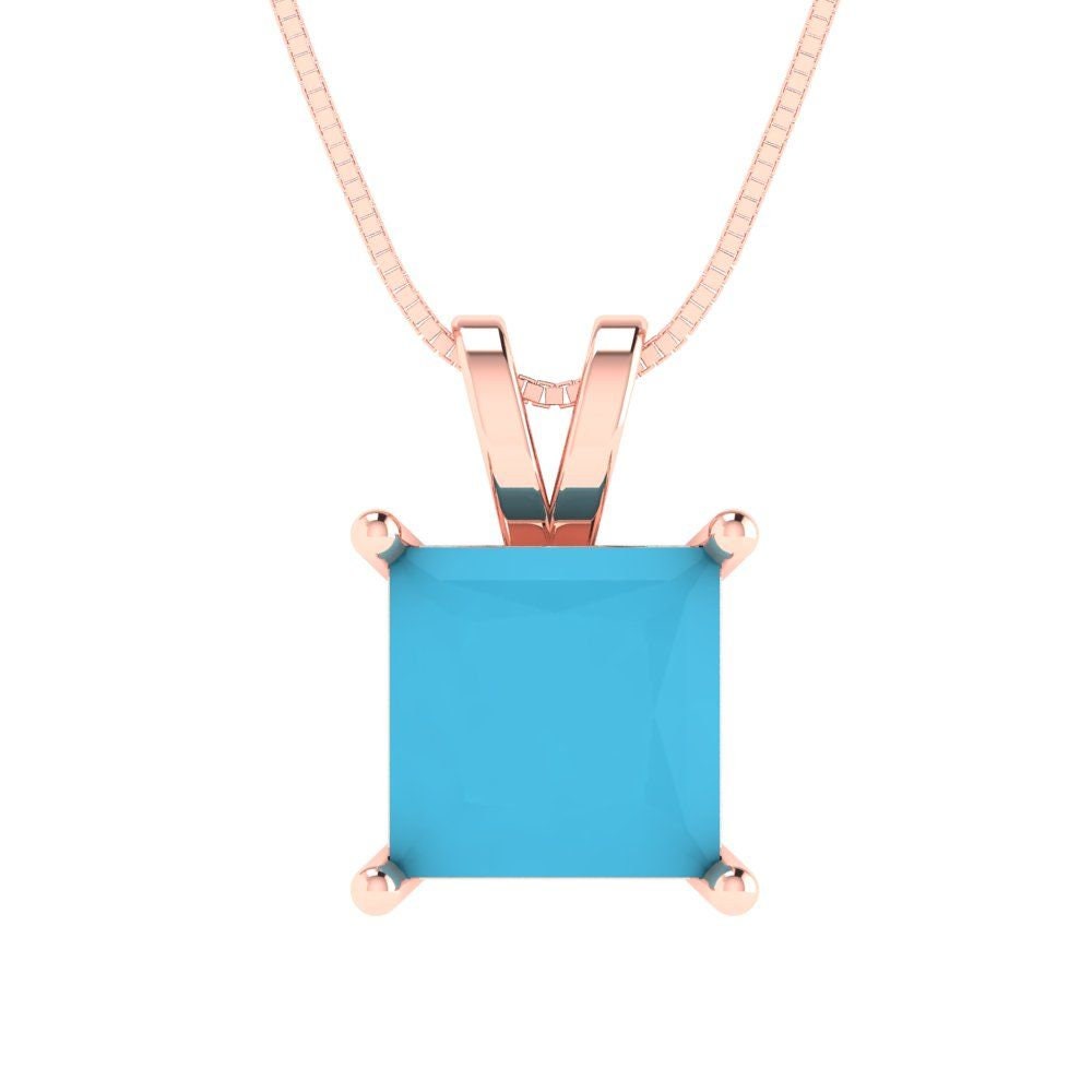 2 ct Brilliant Princess Cut Solitaire Designer Genuine Flawless VVS1 Simulated Turquoise 14K 18K Rose Gold Pendant with 16" Chain