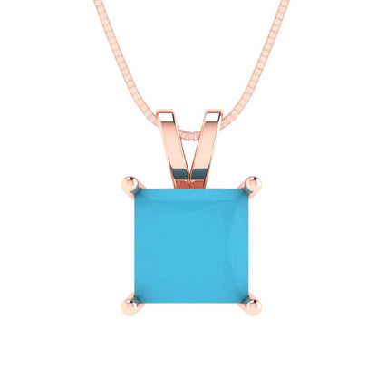 2 ct Brilliant Princess Cut Solitaire Designer Genuine Flawless VVS1 Simulated Turquoise 14K 18K Rose Gold Pendant with 16" Chain