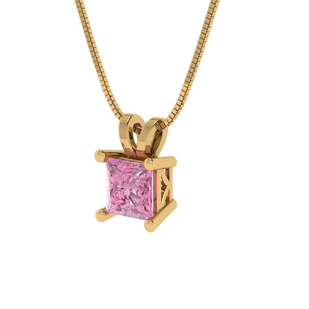 0.50 ct Brilliant Princess Cut Solitaire Designer Genuine Flawless VVS1 Pink Simulated Diamond 14K 18K Yellow Gold Pendant with 18" Chain