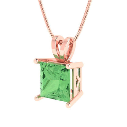 2 ct Brilliant Princess Cut Solitaire Designer Genuine Flawless Green Simulated Diamond 14K 18K  Rose Gold Pendant with 16" Chain