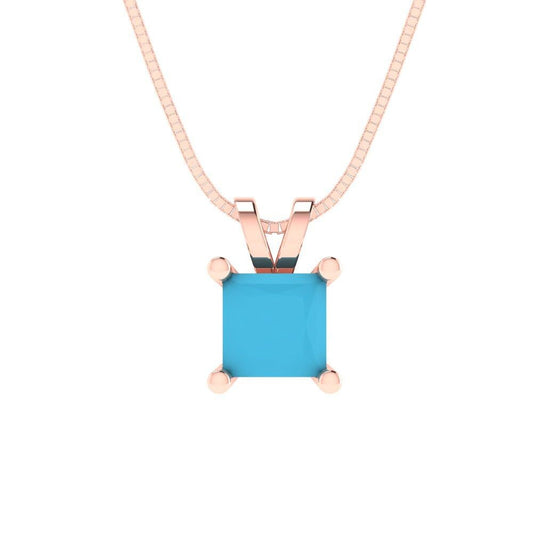2.50 ct Brilliant Princess Cut Solitaire Designer Genuine Flawless VVS1 Simulated Turquoise 14K 18K Rose Gold Pendant with 16" Chain