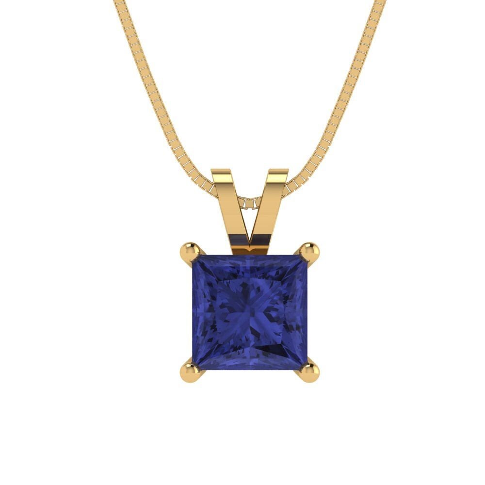 1 ct Brilliant Princess Cut Solitaire Designer Genuine Flawless VVS1 Simulated Tanzanite 14K 18K Yellow Gold Pendant with 16" Chain