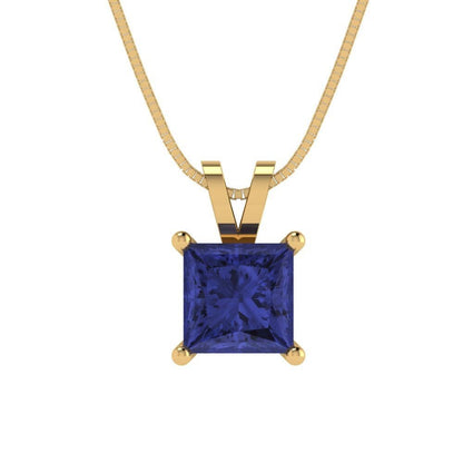 1 ct Brilliant Princess Cut Solitaire Designer Genuine Flawless VVS1 Simulated Tanzanite 14K 18K Yellow Gold Pendant with 16" Chain