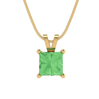 1 ct Brilliant Princess Cut Solitaire Designer Genuine Flawless Green Simulated Diamond 14K 18K  Yellow Gold Pendant with 16" Chain