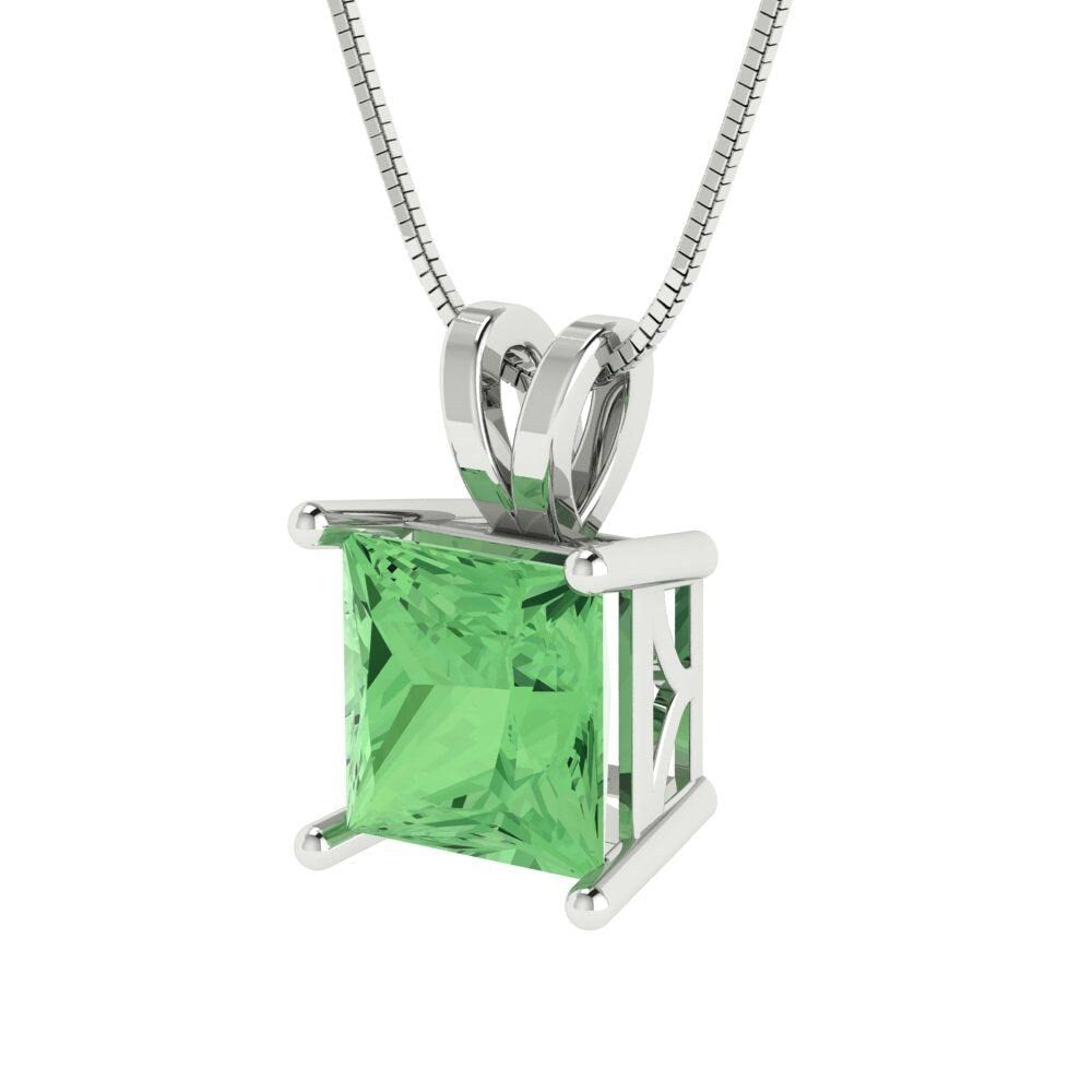 2.50 ct Brilliant Princess Cut Solitaire Designer Genuine Flawless Green Simulated Diamond 14K 18K  White Gold Pendant with 16" Chain