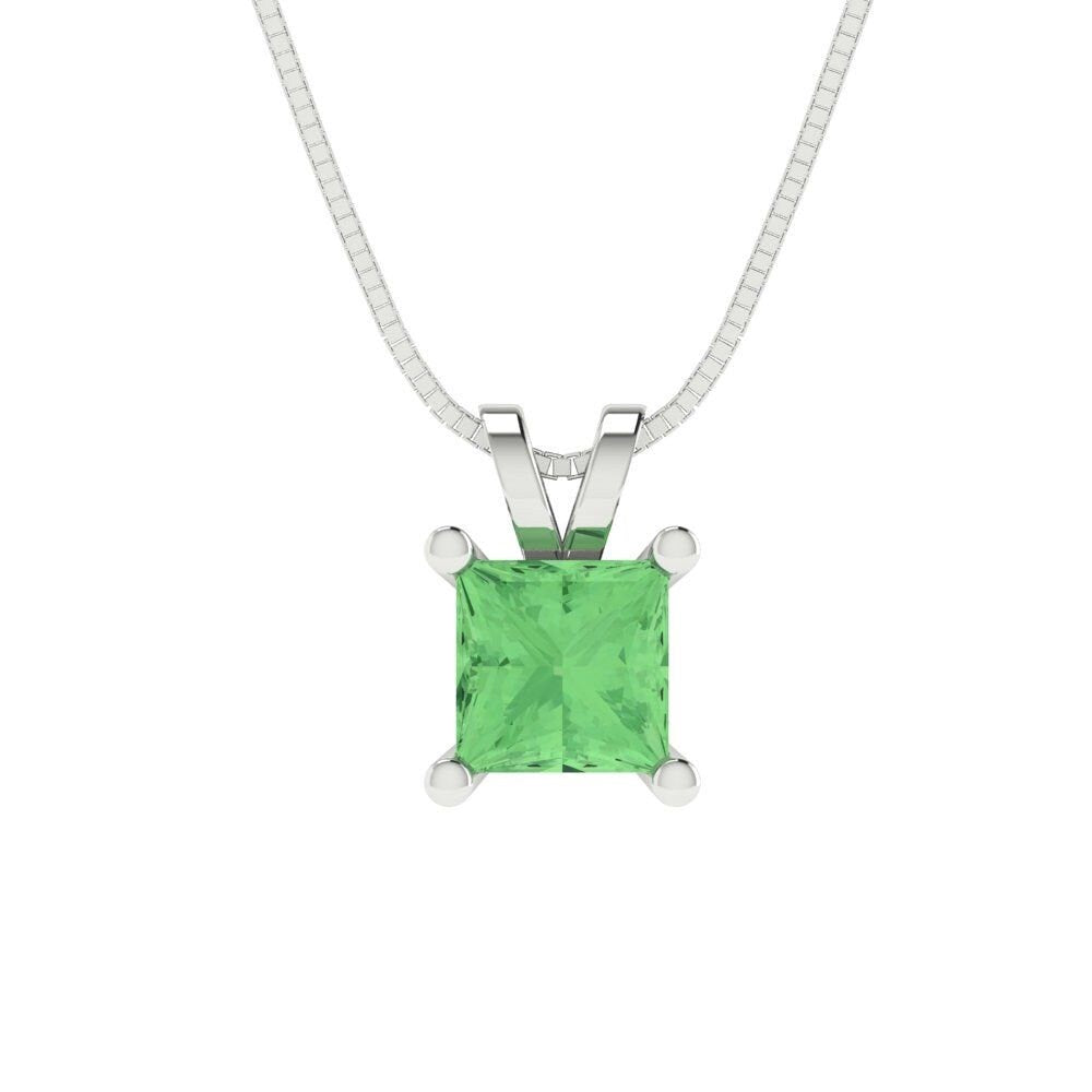 2.50 ct Brilliant Princess Cut Solitaire Designer Genuine Flawless Green Simulated Diamond 14K 18K  White Gold Pendant with 16" Chain